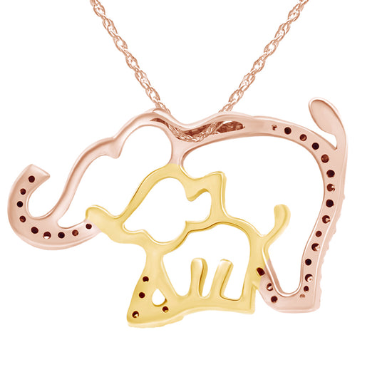 Round Cut White Natural Diamond Two Tone Mother & Baby Elephant Pendant Necklace For Women In 10K Solid Gold (0.08 Cttw)