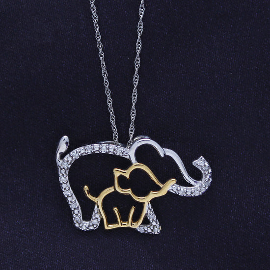 Round Cut White Natural Diamond Two Tone Mother & Baby Elephant Pendant Necklace For Women In 10K Solid Gold (0.08 Cttw)