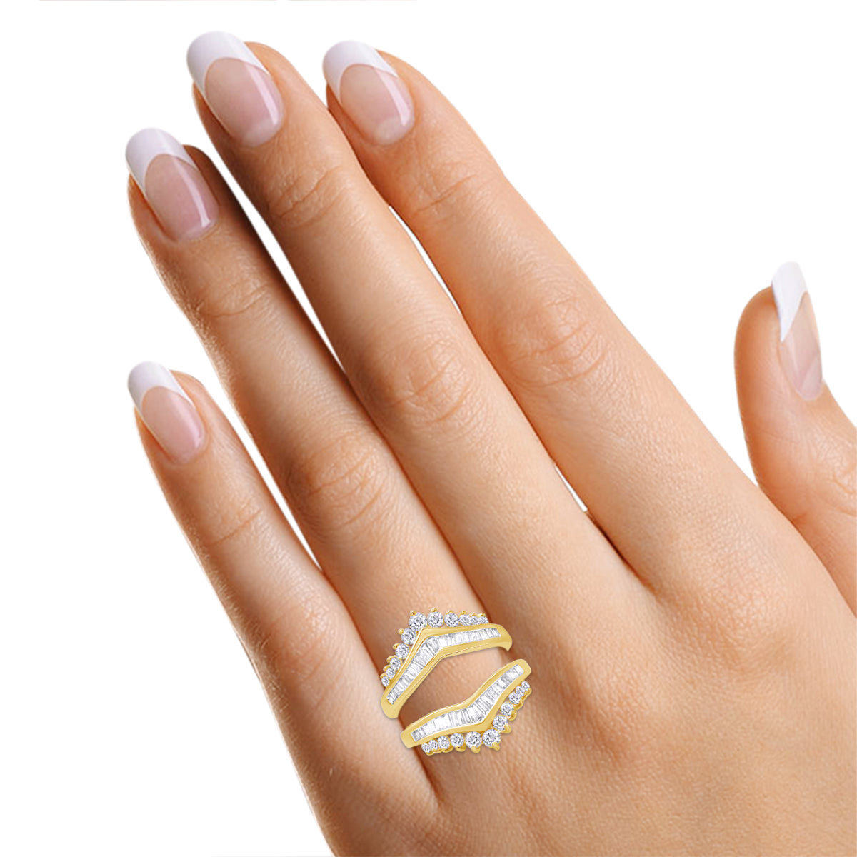Round & Baguette White Natural Diamond Solitaire Enhancer Guard Ring in 10K Or 14K Solid Gold Or 925 Sterling Silver Jewelry For Women