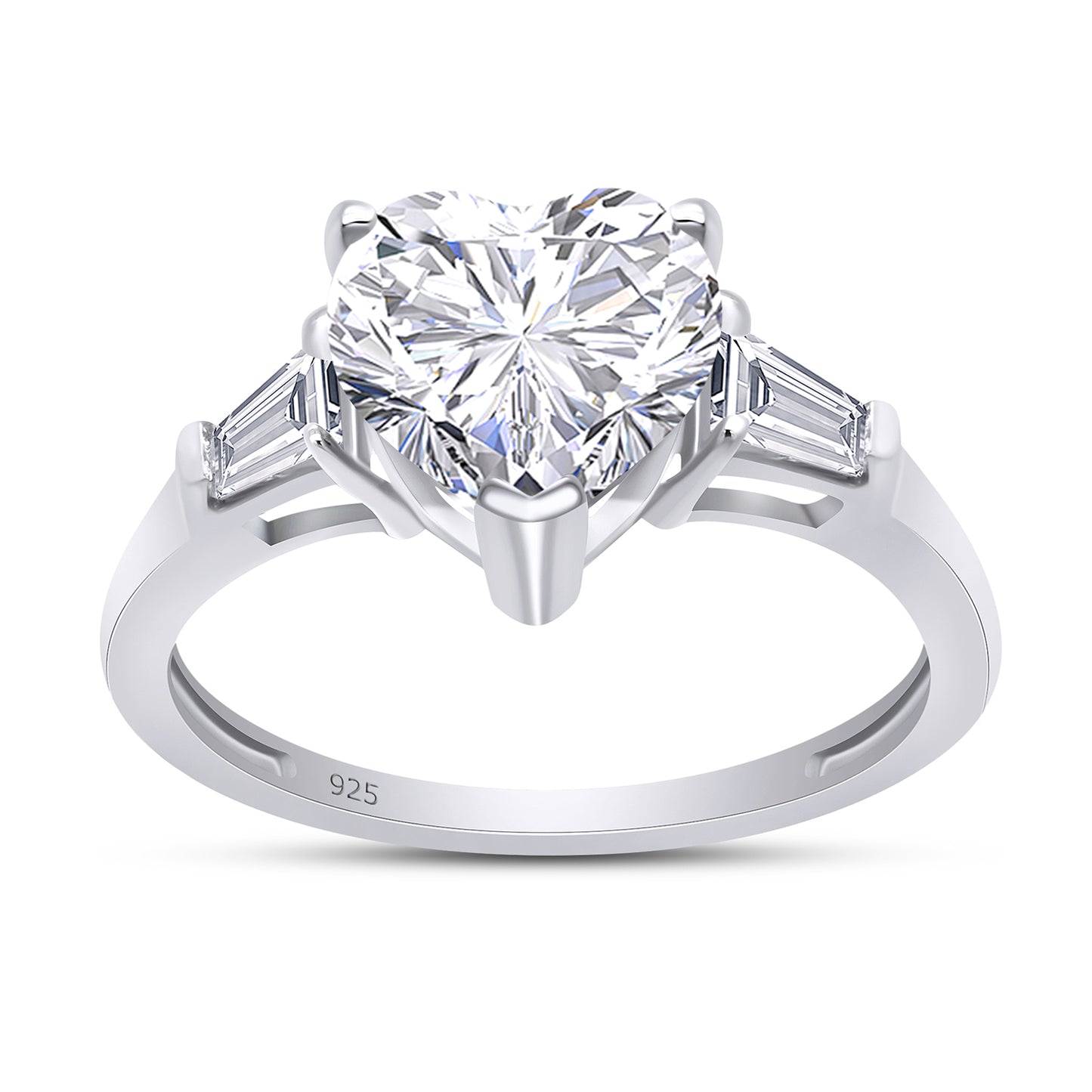 2 Carat Heart & Tapered Baguette Cut Lab Created Moissanite Diamond Promise Ring In 925 Sterling Silver