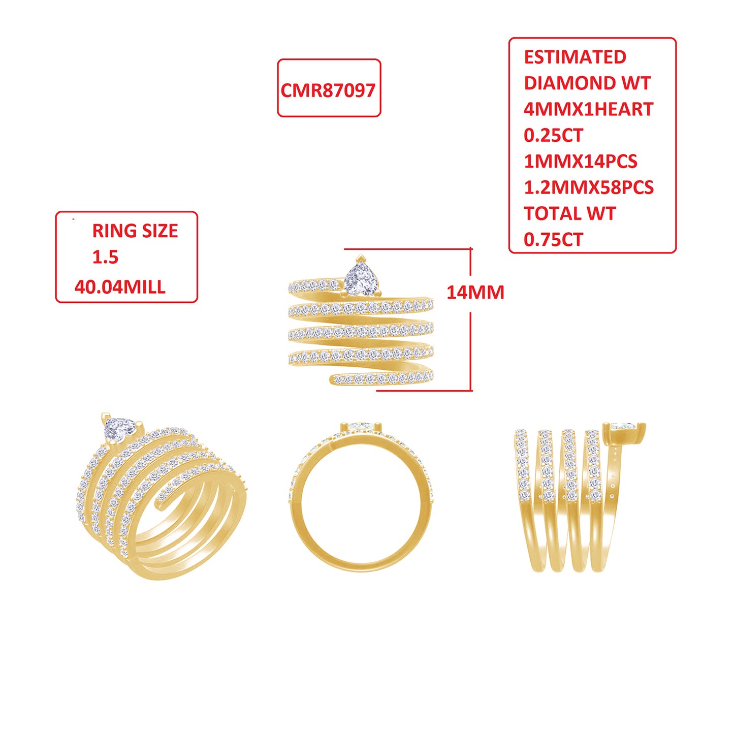 Open Spiral Stackable Promise Ring For Women, 0.75 Carat Heart & Round Shape Lab Grown Diamond 14MM Width Swirl Spiral Flexible Ring In 14K Solid Gold Jewelry