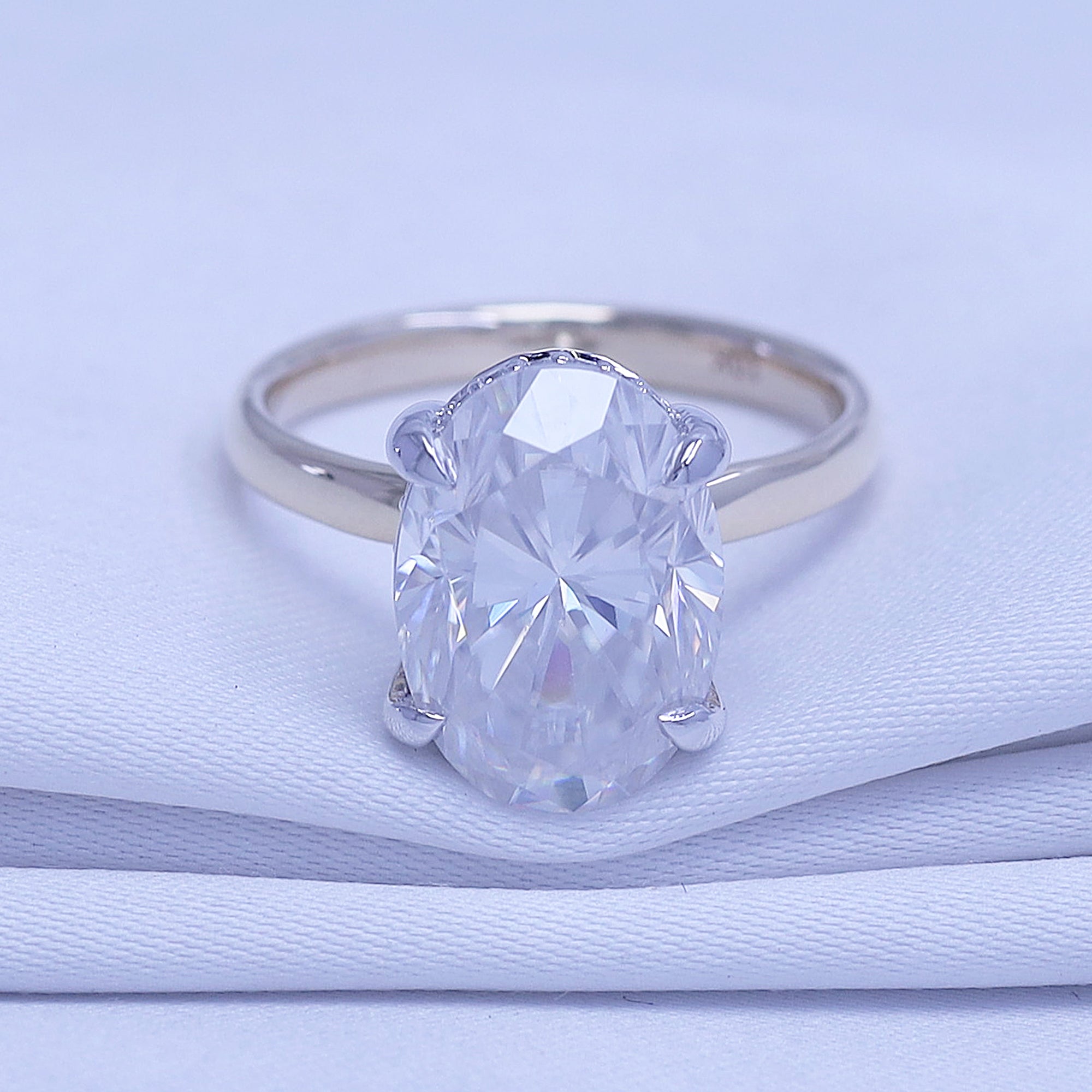 Two Tone Hidden Halo Ring In Oval Shape Solitaire Lab Created Moissanite