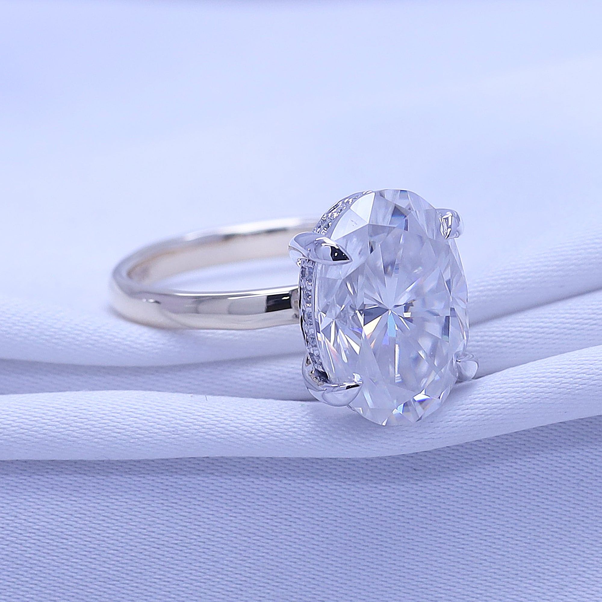 Two Tone Hidden Halo Ring In Oval Shape Solitaire Lab Created Moissanite