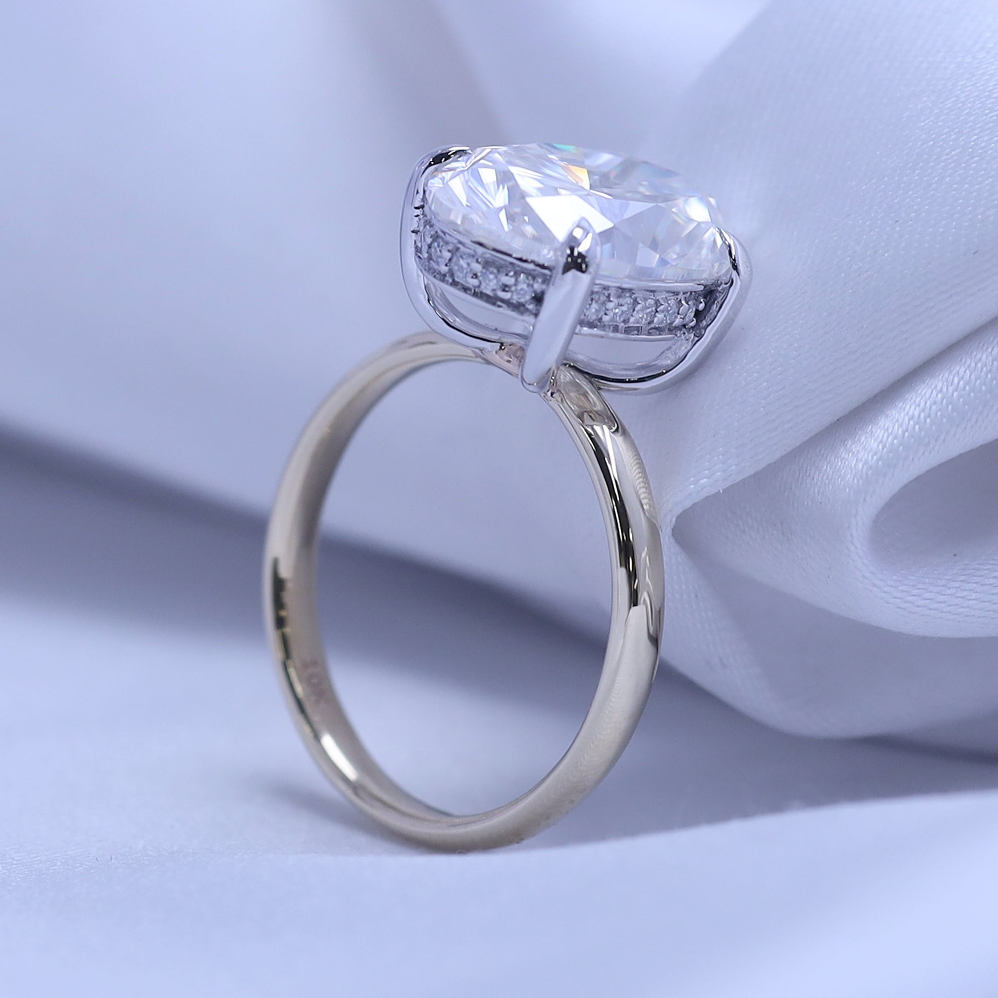 Two Tone Hidden Halo Ring In Oval Shape Solitaire Lab Created Moissanite