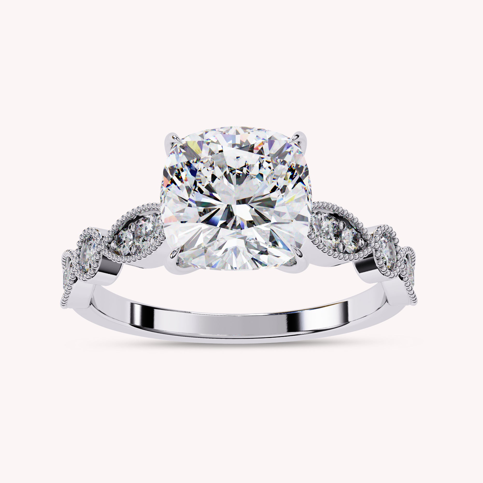 Cushion Cut Beaded Lab Grown Diamond Engagement Ring