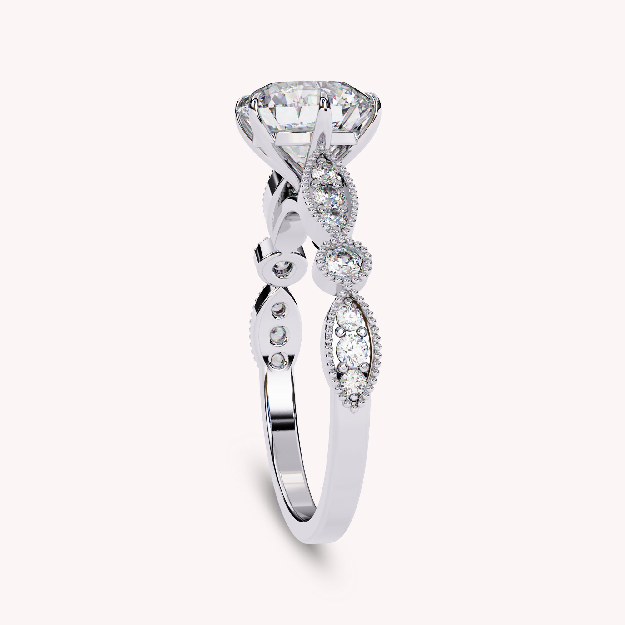 Cushion Cut Beaded Lab Grown Diamond Engagement Ring