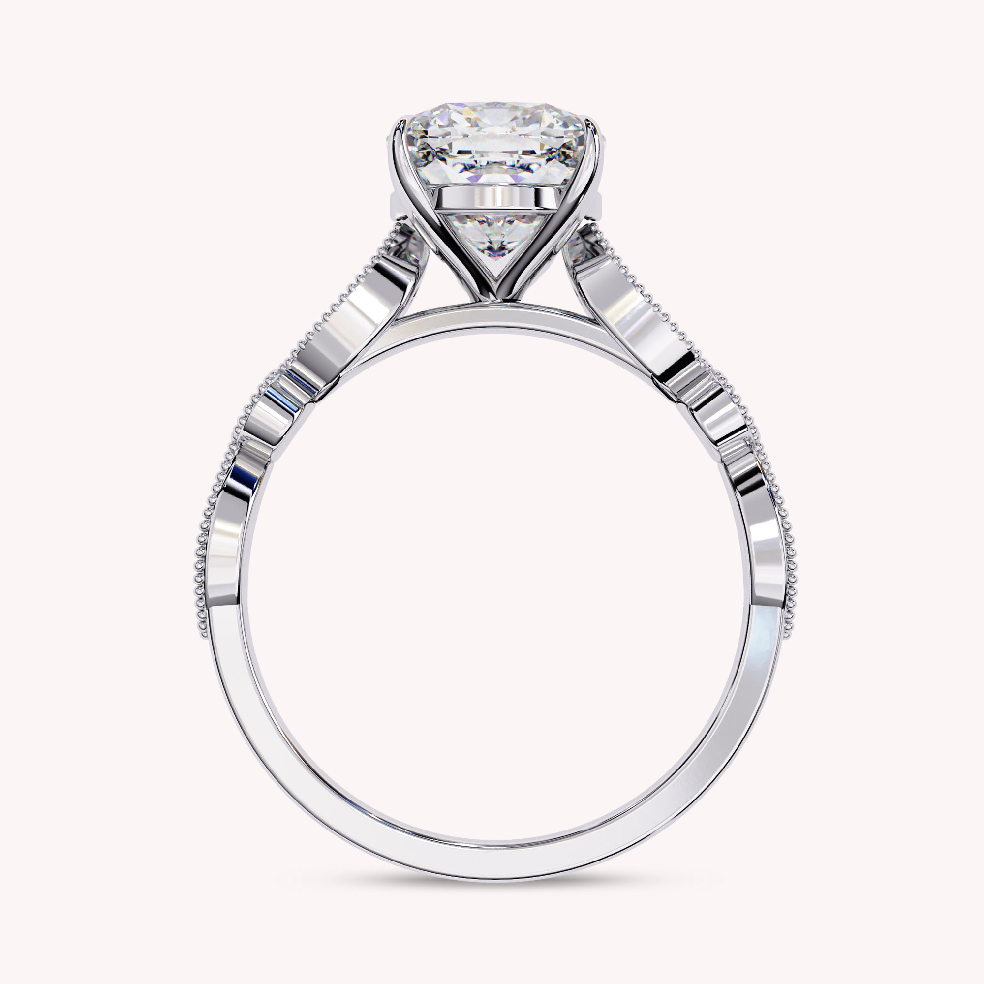 Cushion Cut Beaded Lab Grown Diamond Engagement Ring