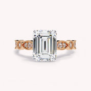 Emerald Cut Beaded Lab Grown Diamond Engagement Ring