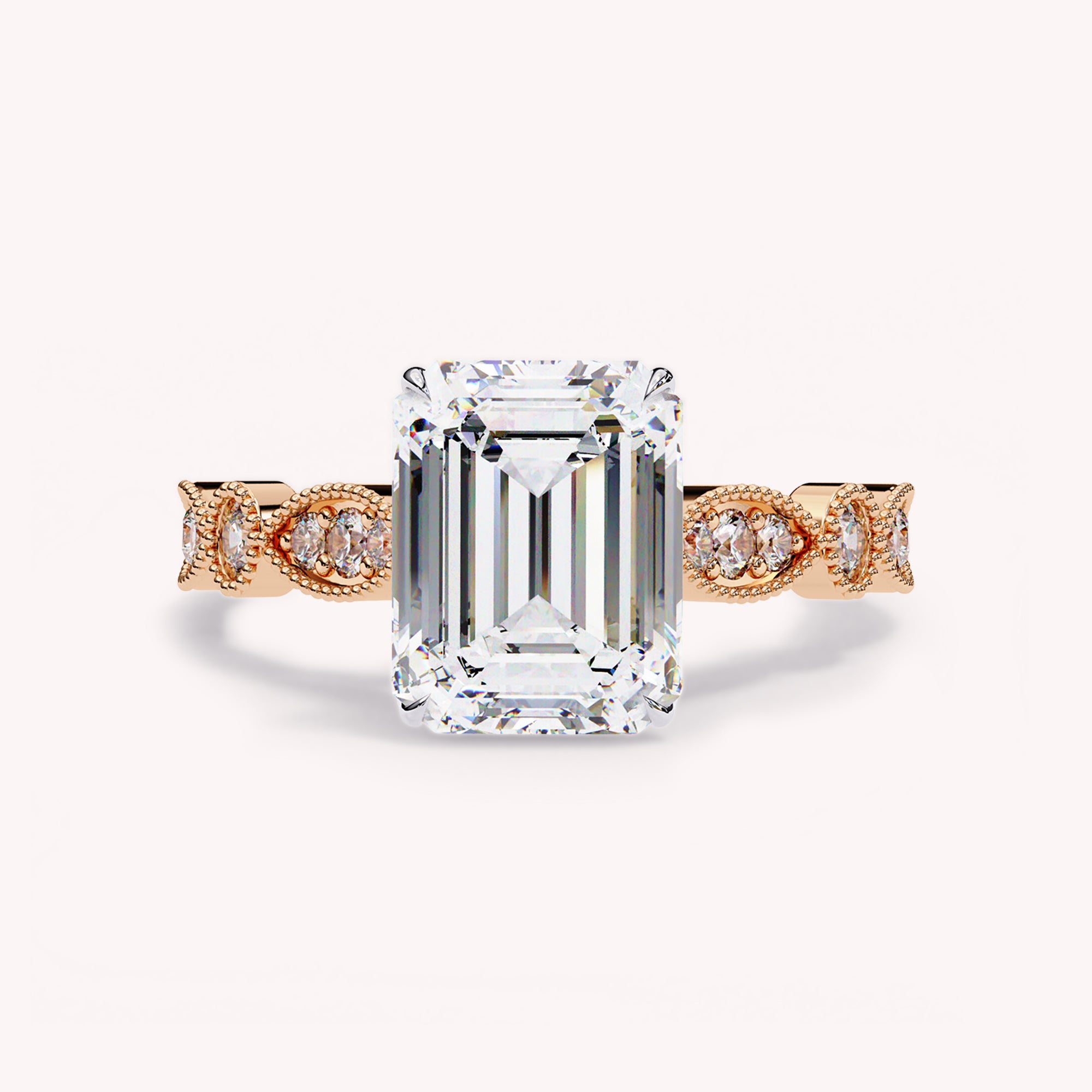 Emerald Cut Beaded Lab Grown Diamond Engagement Ring