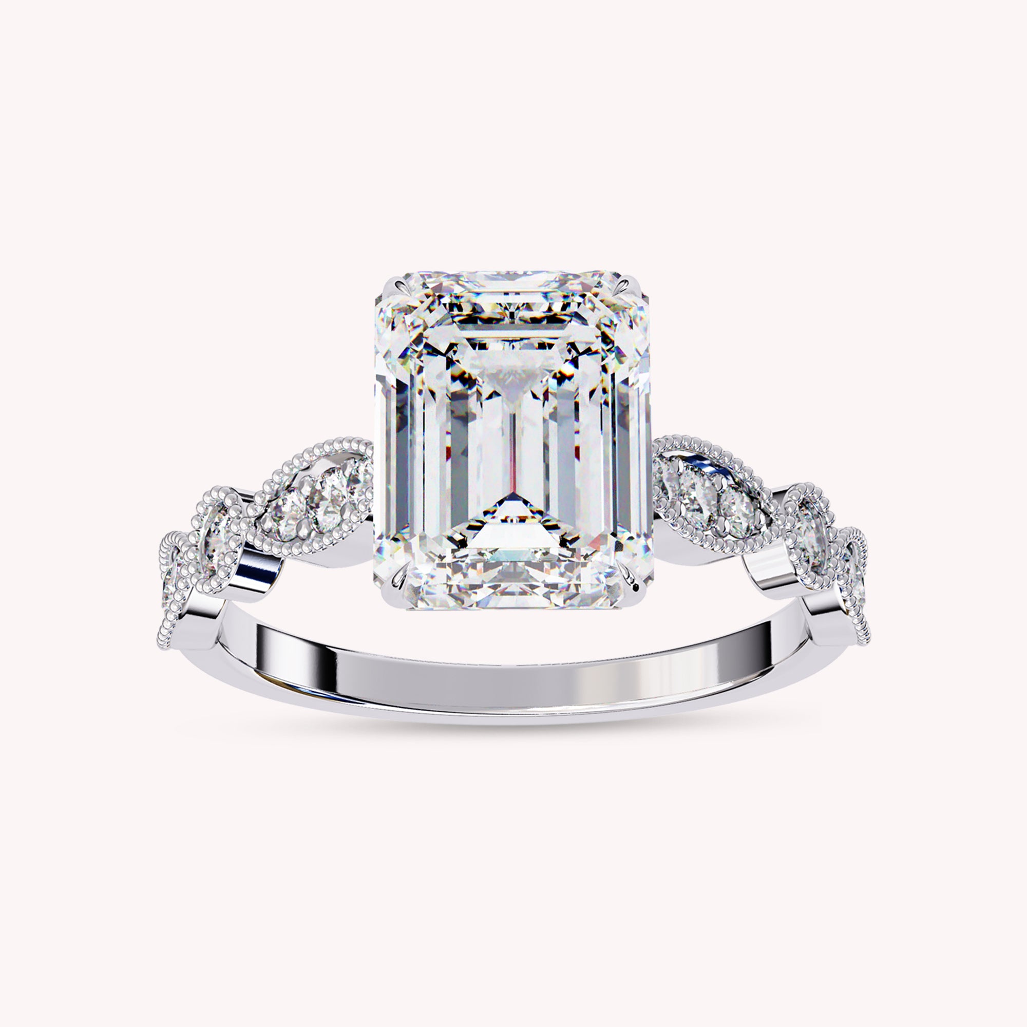 Emerald Cut Beaded Lab Grown Diamond Engagement Ring