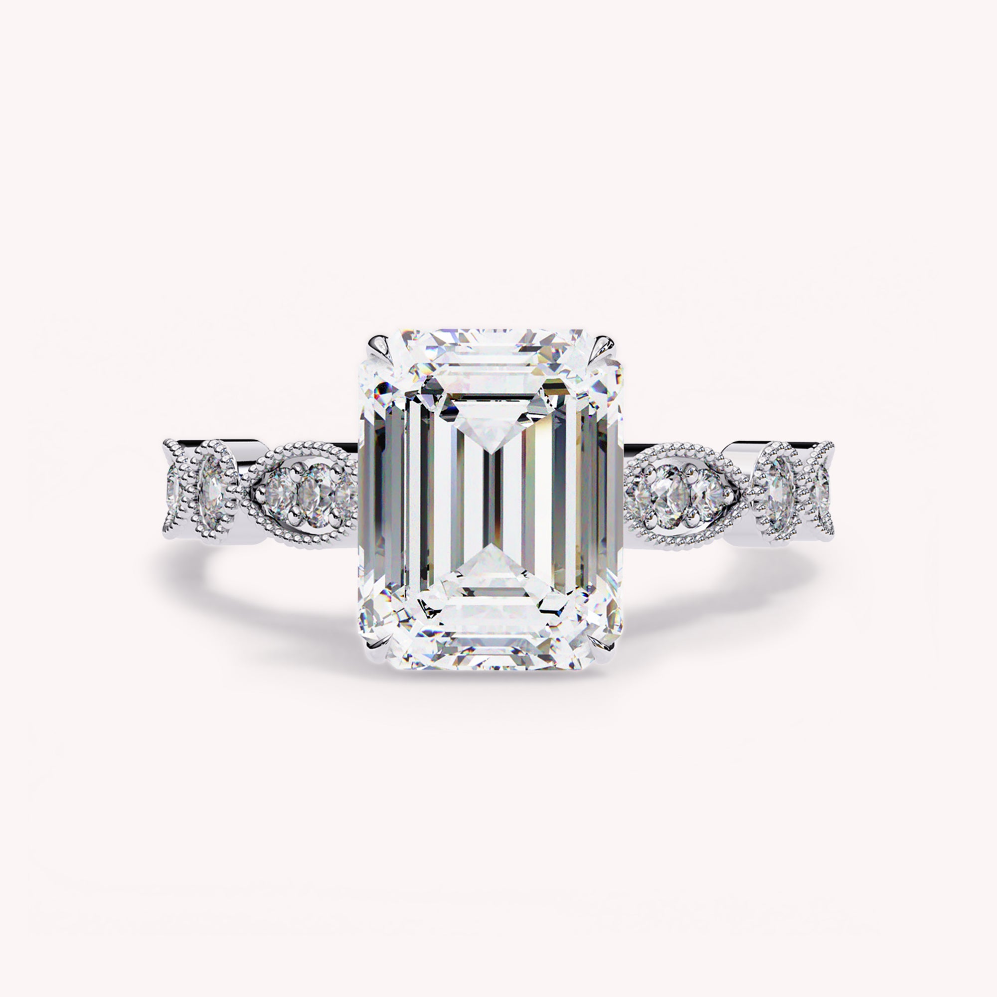 Emerald Cut Beaded Lab Grown Diamond Engagement Ring