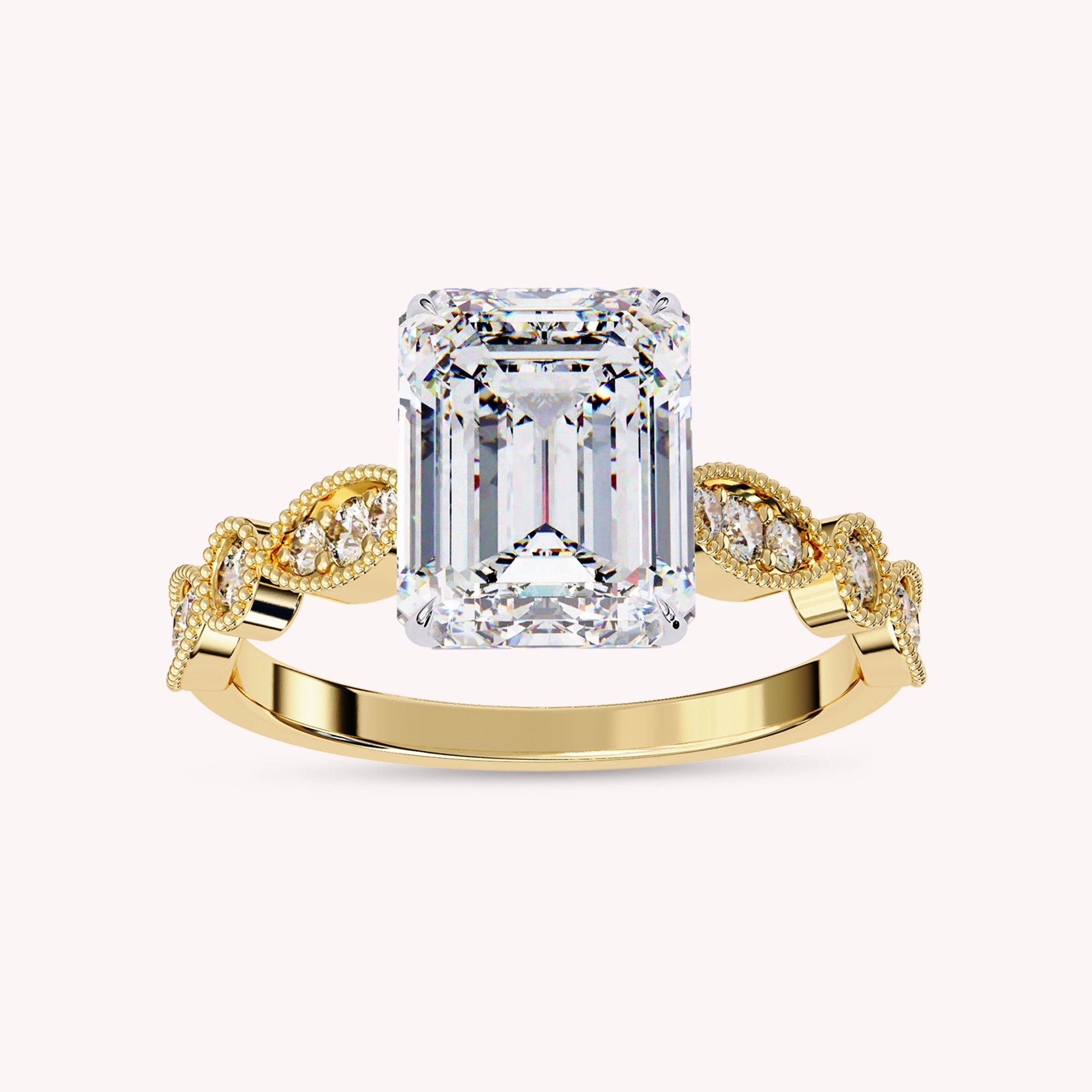 Emerald Cut Beaded Lab Grown Diamond Engagement Ring