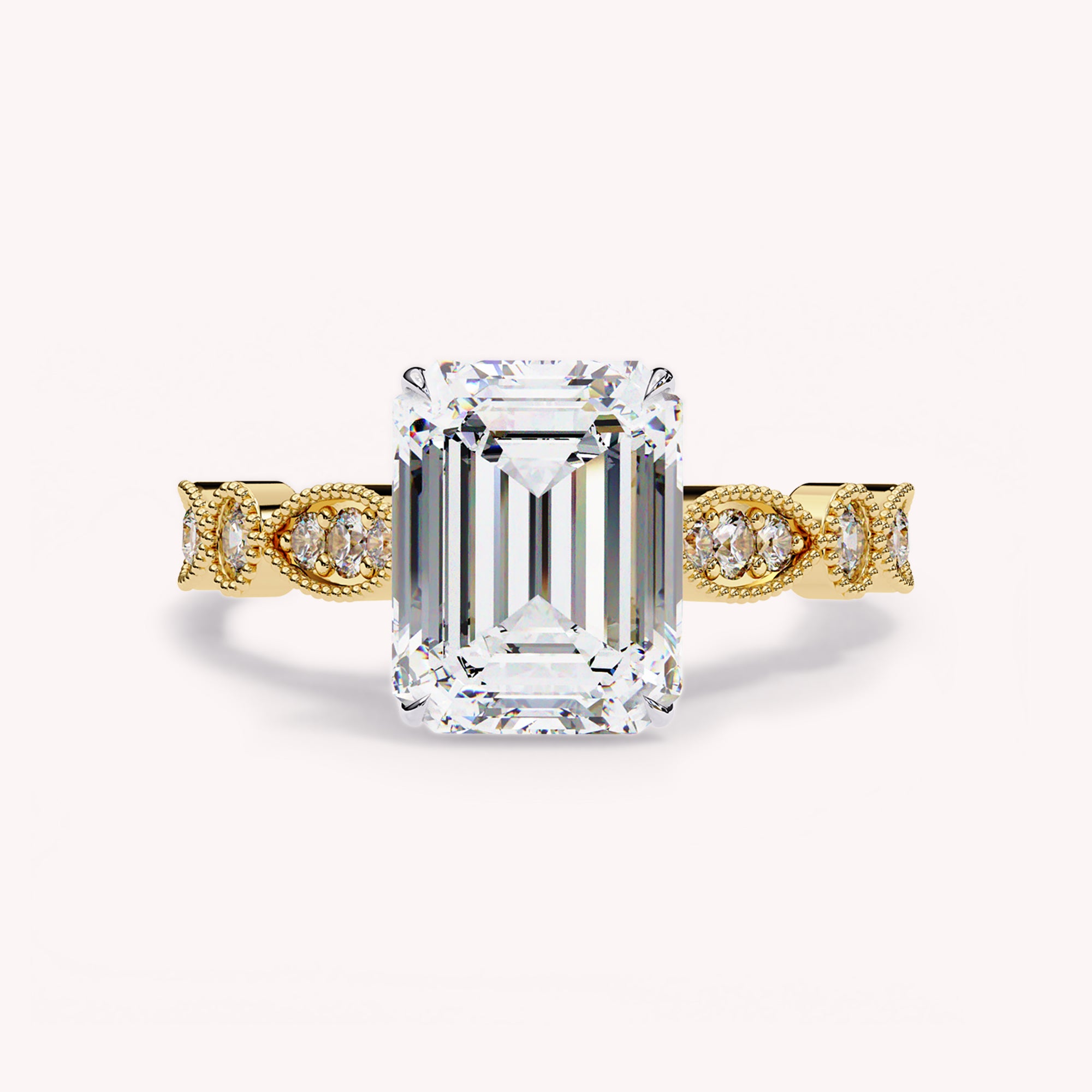 Emerald Cut Beaded Lab Grown Diamond Engagement Ring