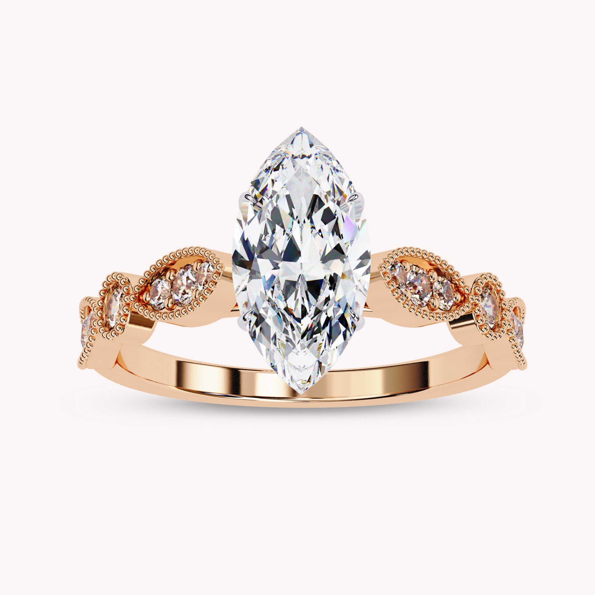 Marquise Cut Beaded Lab Grown Diamond Engagement Ring