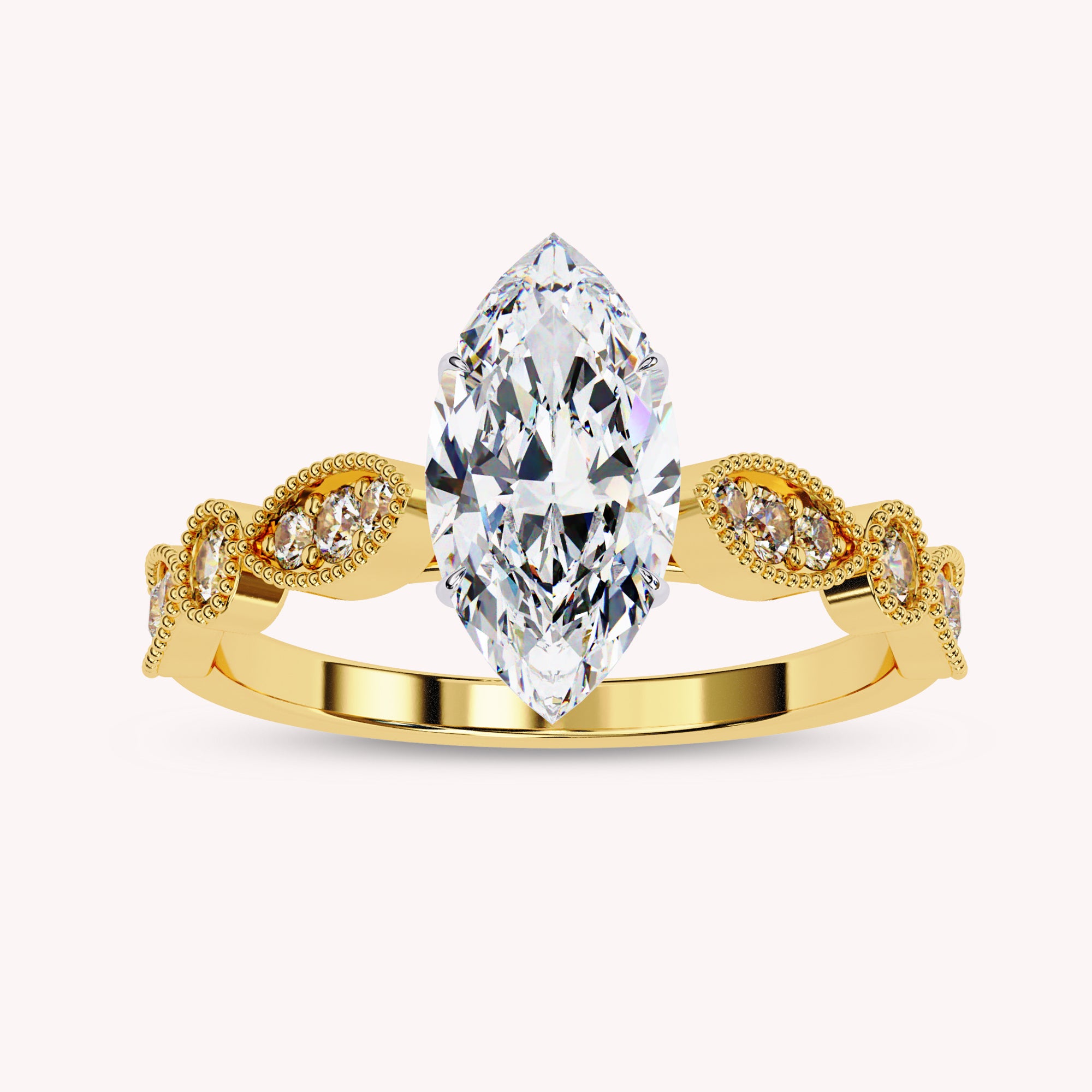 Marquise Cut Beaded Lab Grown Diamond Engagement Ring