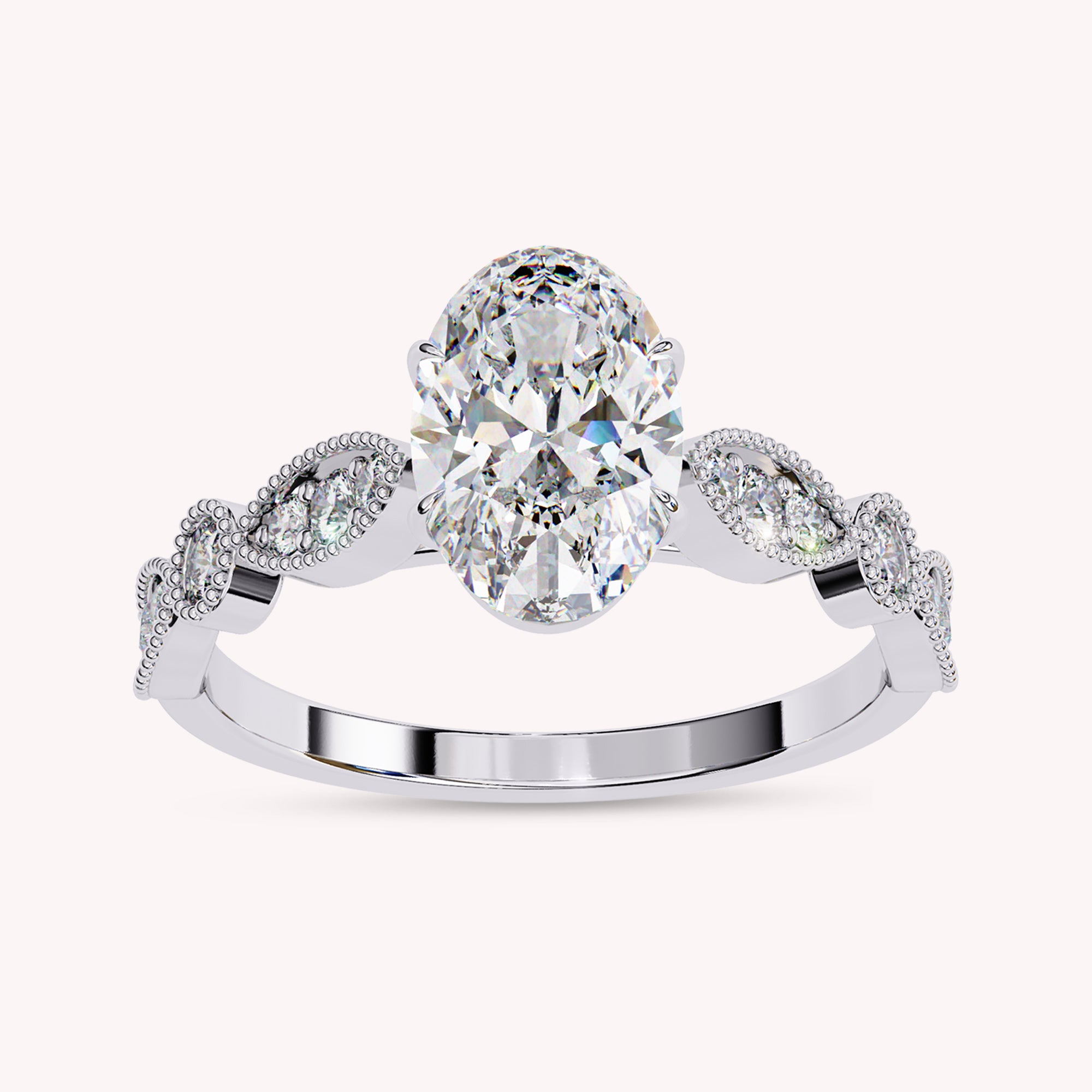 Oval Cut Beaded Lab Grown Diamond Engagement Ring