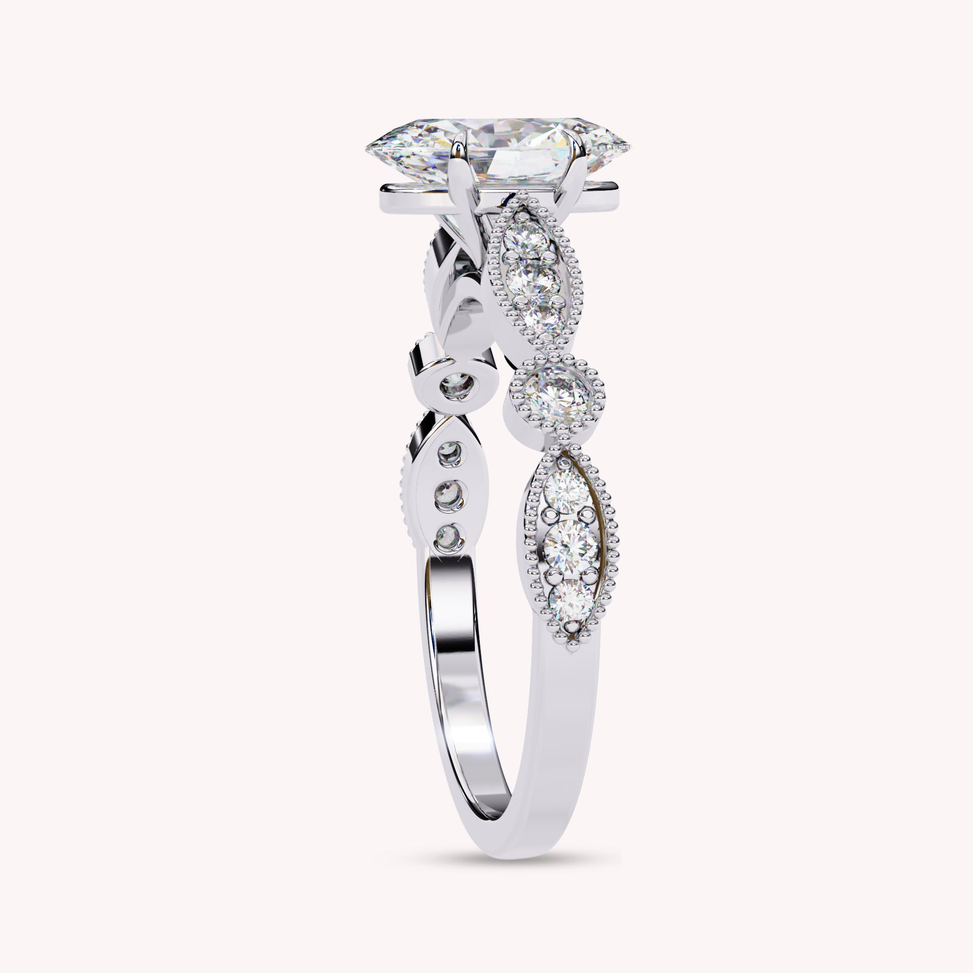 Oval Cut Beaded Lab Grown Diamond Engagement Ring