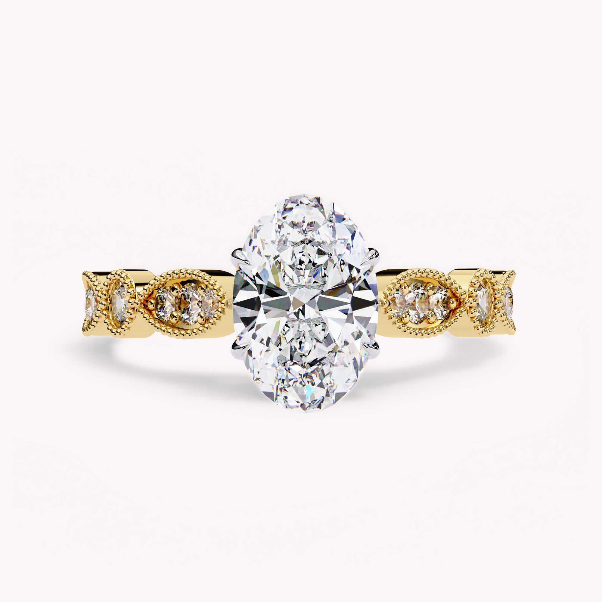 Oval Cut Beaded Lab Grown Diamond Engagement Ring