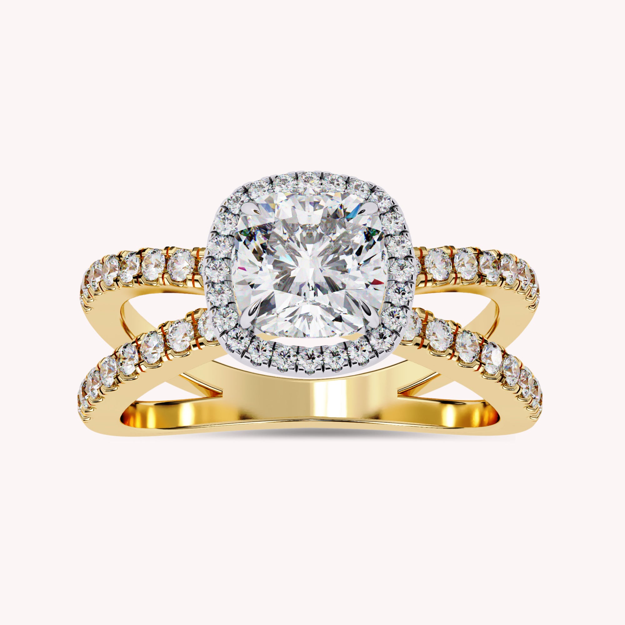 Kara Cushion Cut Split Shank Halo Lab Grown Diamond Engagement Ring