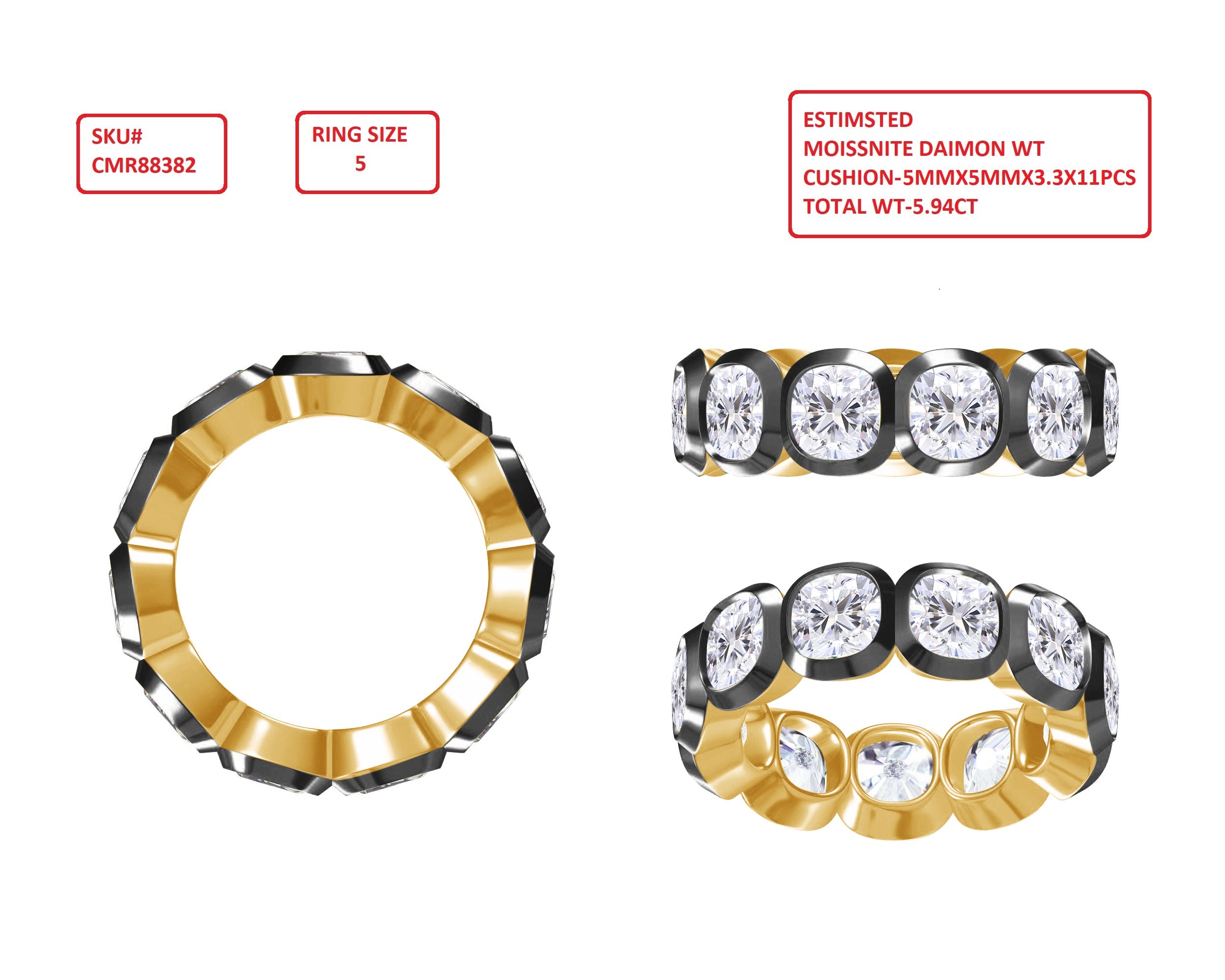 Cushion Shape Lab Created Moissanite Two Tone Eternity Ring