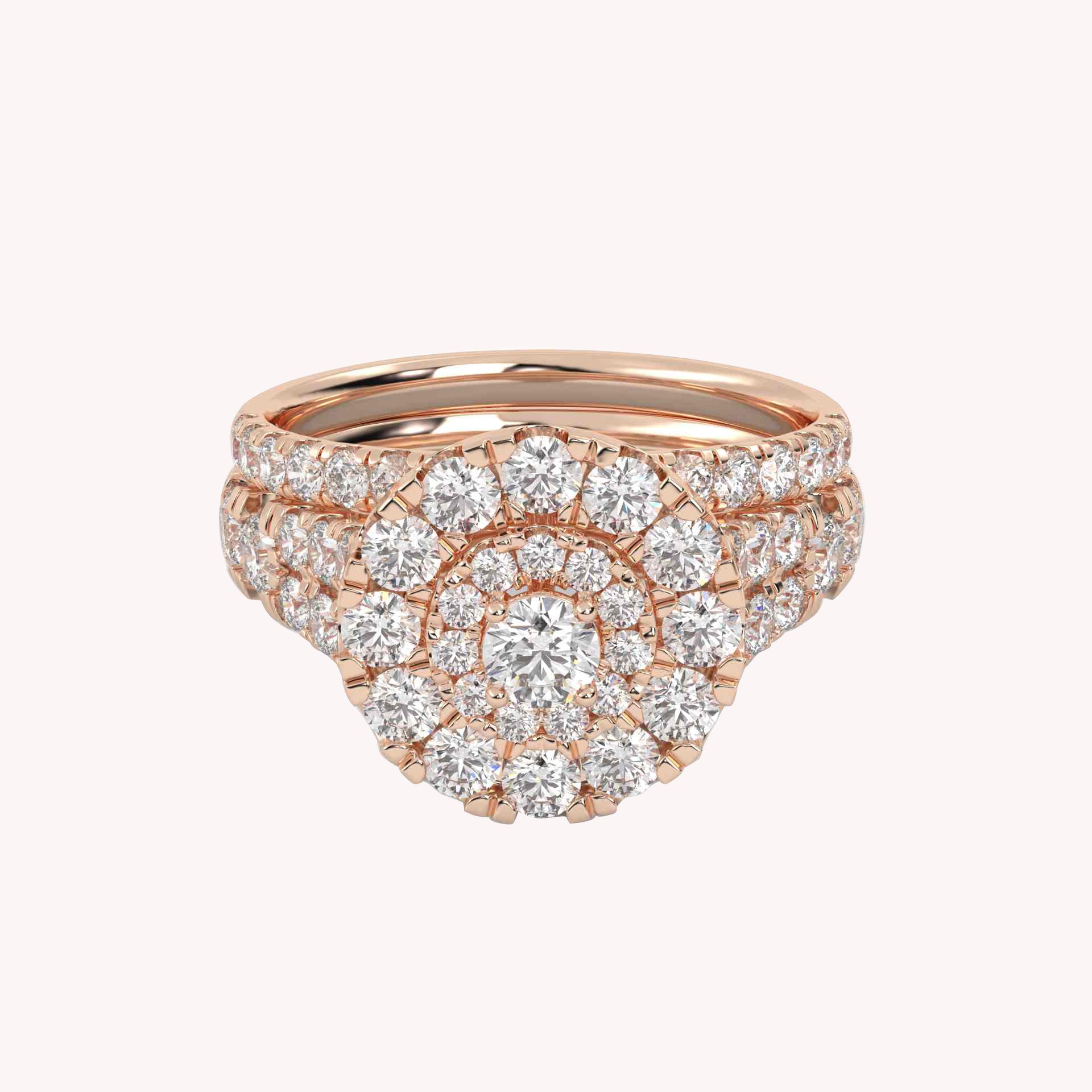 IGI Certified Round Shape Double Halo Split Shank Bridal Ring Set