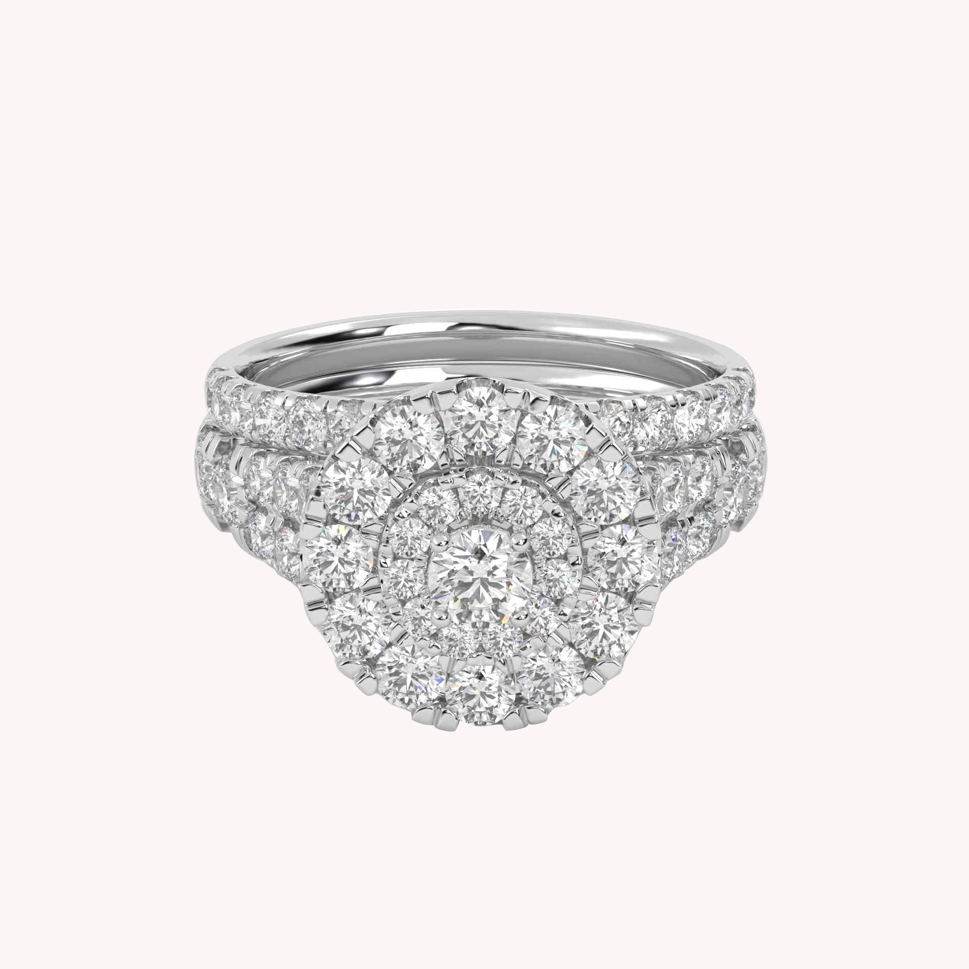 IGI Certified Round Shape Double Halo Split Shank Bridal Ring Set