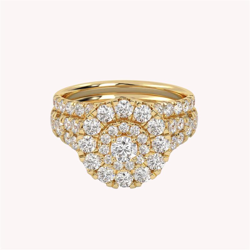 IGI Certified Round Shape Double Halo Split Shank Bridal Ring Set