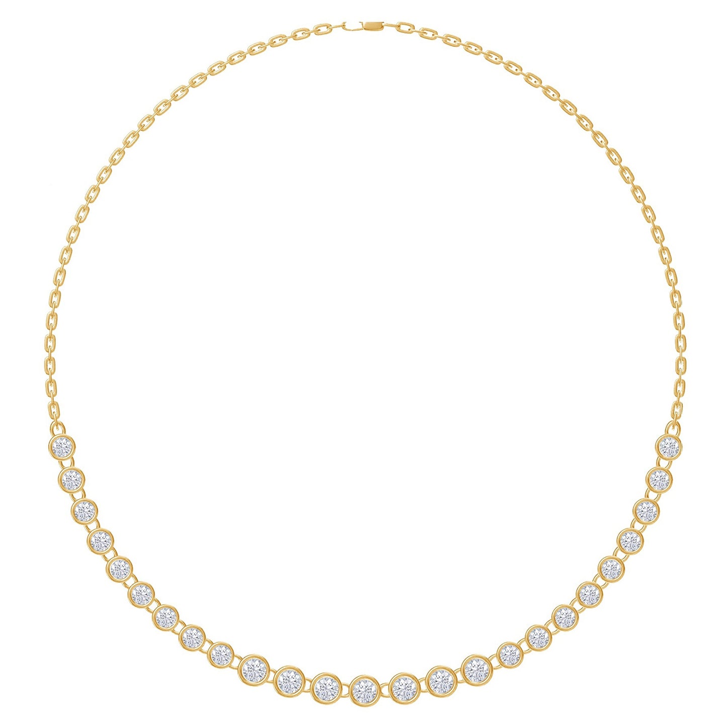 Round Shape Lab Created Moissanite Diamond Bezel Set Link Chain Necklace For Women In 925 Sterling Silver Or 10K Or 14K Solid Gold (7.40 Cttw)