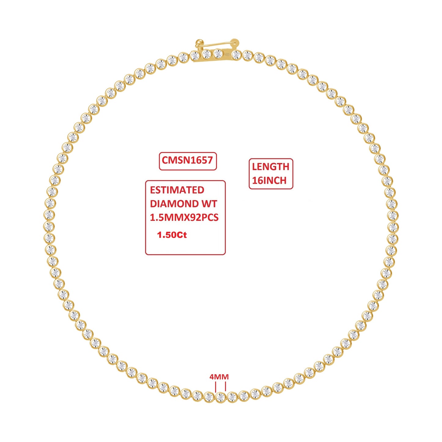 Tennis Necklaces for Women, 1.50 Carat Round Lab Grown Diamond Miracle Set Necklace In 10K Solid Gold Jewelry