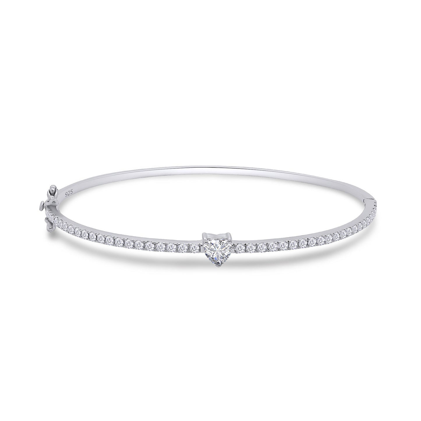 Heart & Round White Cubic Zirconia Tennis Bangle Bracelet For Women In 925 Sterling Silver