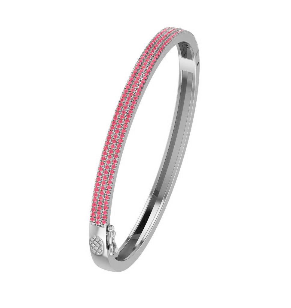 3-Row Pave Set Bangle Bracelet For Women Round Simulated Pink Sapphire In 10K Solid Gold (6.00" to 7.50")