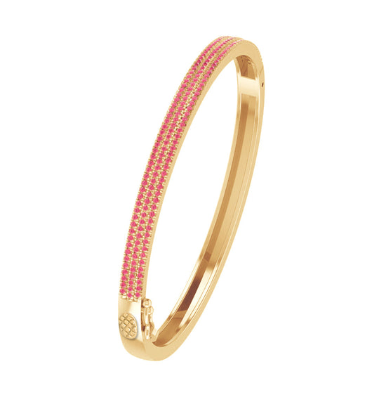 3-Row Pave Set Bangle Bracelet For Women Round Simulated Pink Sapphire In 14K Solid Gold (6.00" to 7.50")