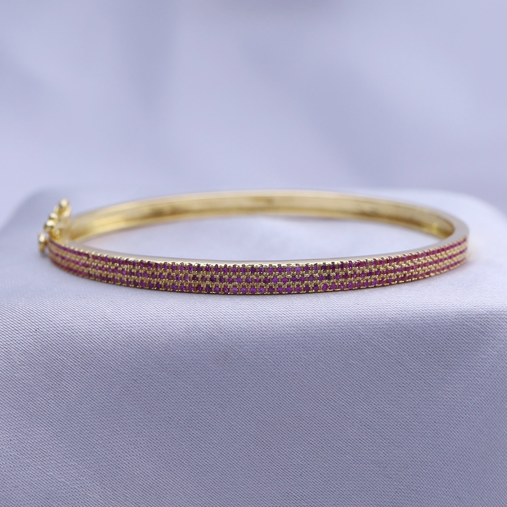 3-Row Pave Set Bangle Bracelet with Simulated Pink Sapphire