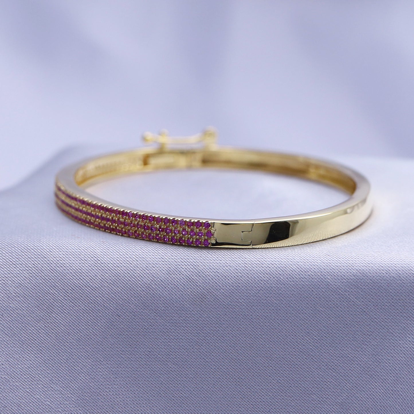 3-Row Pave Set Bangle Bracelet For Women Round Simulated Pink Sapphire In 10K Solid Gold (6.00" to 7.50")