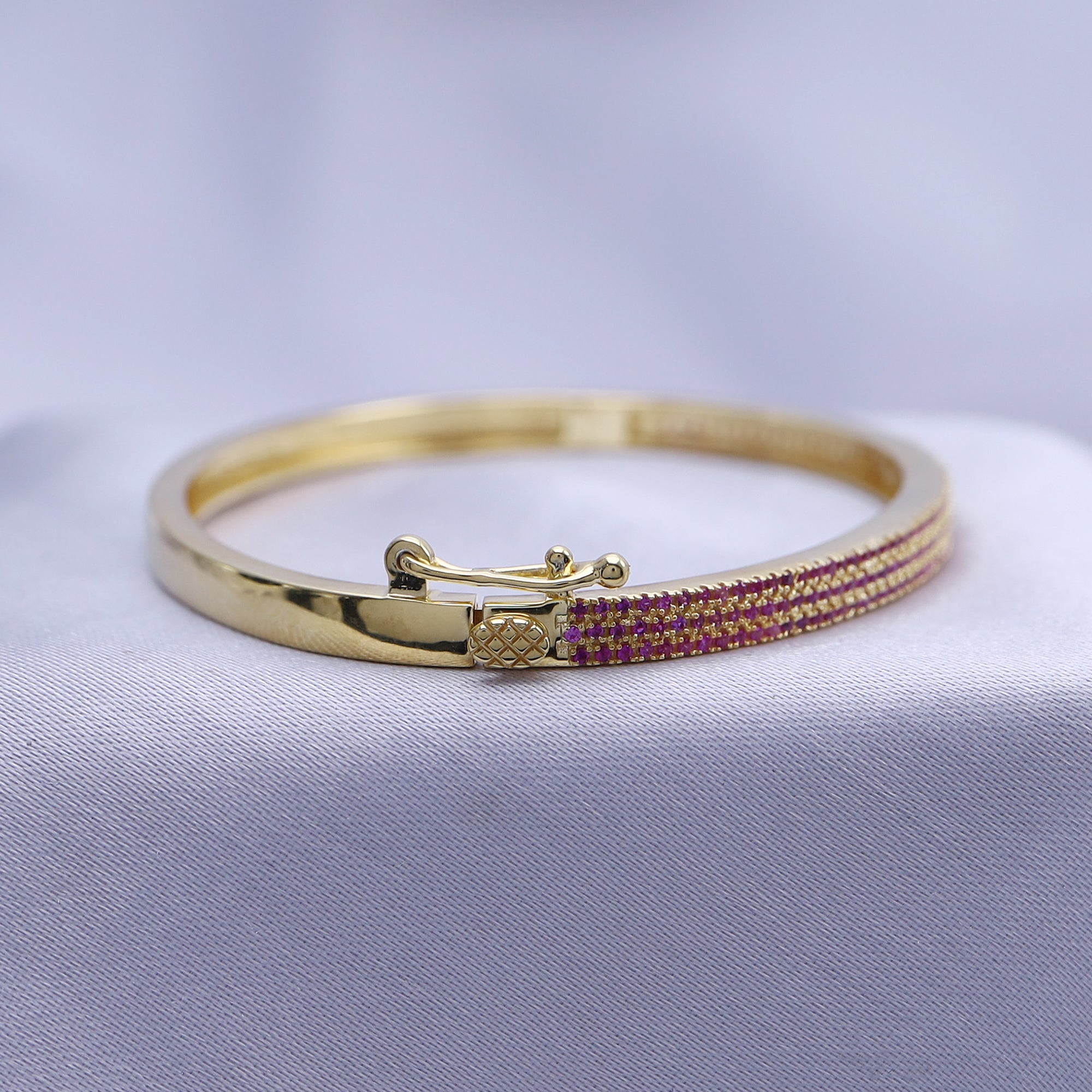 3-Row Pave Set Bangle Bracelet with Simulated Pink Sapphire