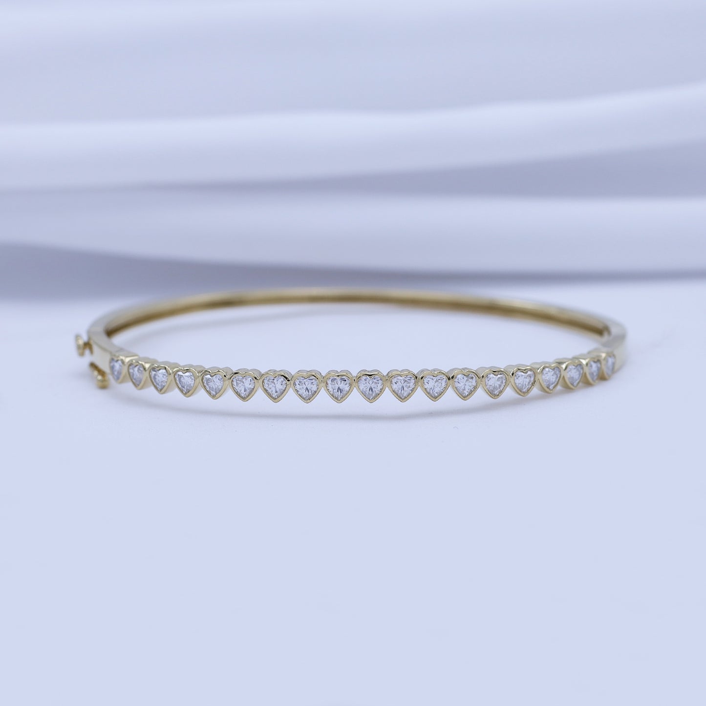 3MM Heart Shape Bangle Bracelet White Cubic Zirconia for Women In 14K Gold Plated Sterling Silver