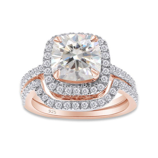 3 1/2 CT Cushion & Round Cut Lab Created Moissanite Diamond Wedding Band Halo Bridal Set Ring 925 Sterling Silver