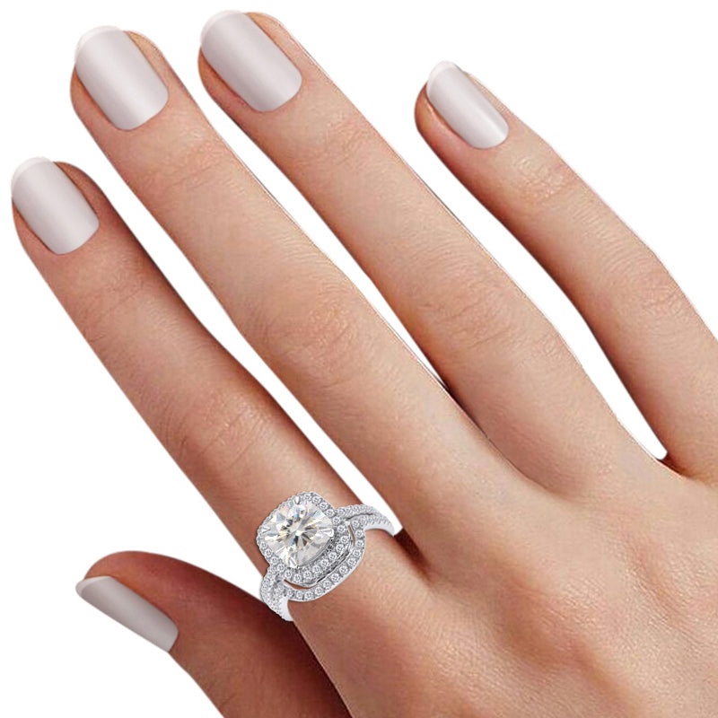 3 1/2 CT Cushion & Round Cut Lab Created Moissanite Diamond Wedding Band Halo Bridal Set Ring 925 Sterling Silver