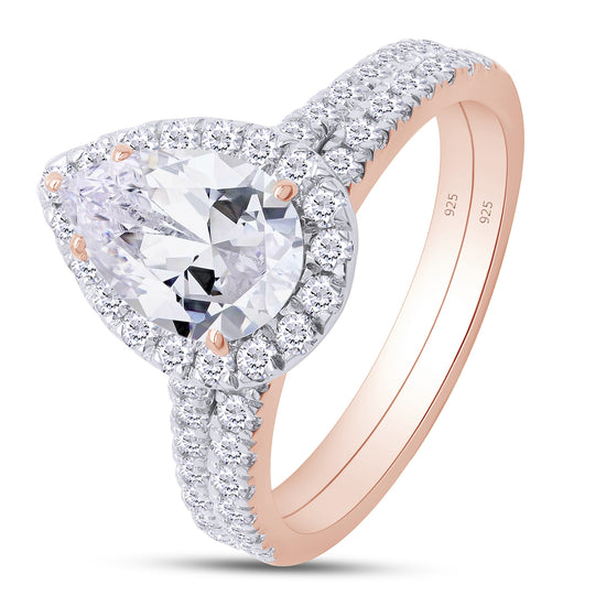 2 Carat Pear & Round Cut Lab Created Moissanite Diamond Halo Teardrop Bridal Ring Set In 925 Sterling Silver