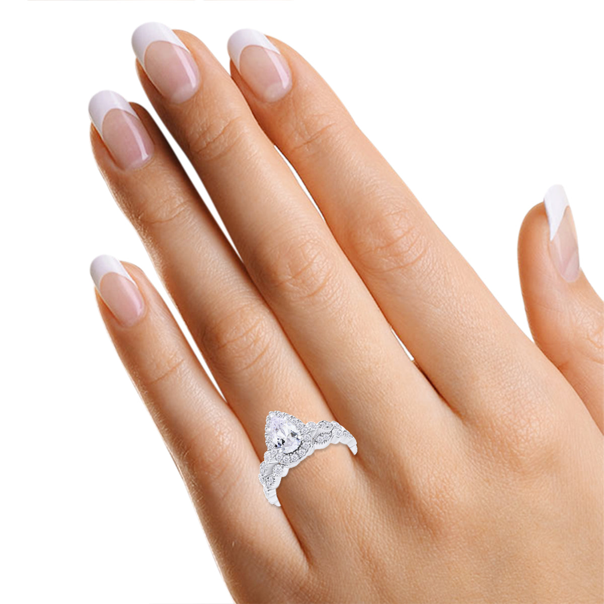 1.40 Carat Pear & Round Cut Lab Created Moissanite Diamond Halo Teardrop Bridal Ring Set In 925 Sterling Silver