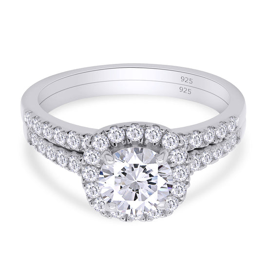 Load image into Gallery viewer, 1.25 Carat Round Lab Created Moissanite Diamond Halo Cushion Frame Bridal Ring Set In 925 Sterling Silver
