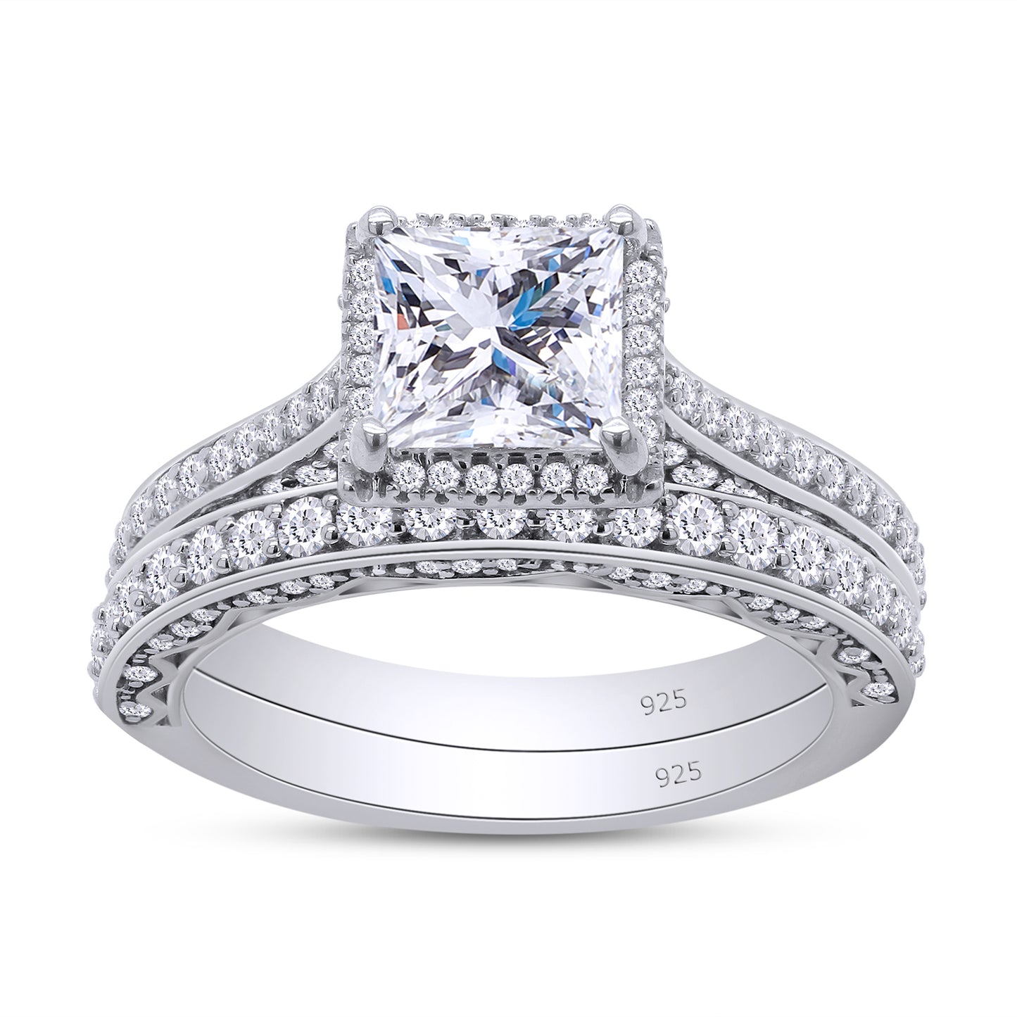 2 Carat 6MM Princess Lab Created Moissanite Diamond Halo Engagement Bridal Set Rings In 925 Sterling Silver