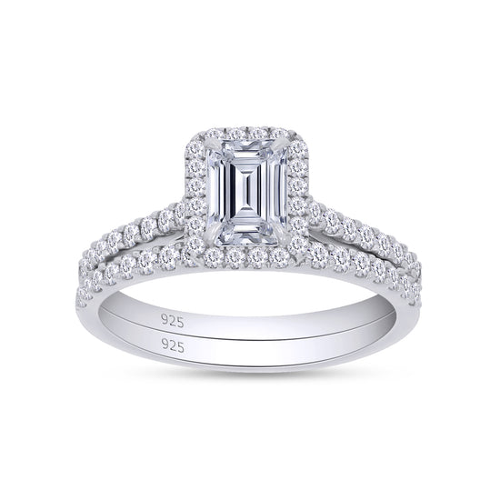 1.75 Carat Emerald & Round Cut Lab Created Moissanite Diamond Halo Bridal Ring Set In 925 Sterling Silver