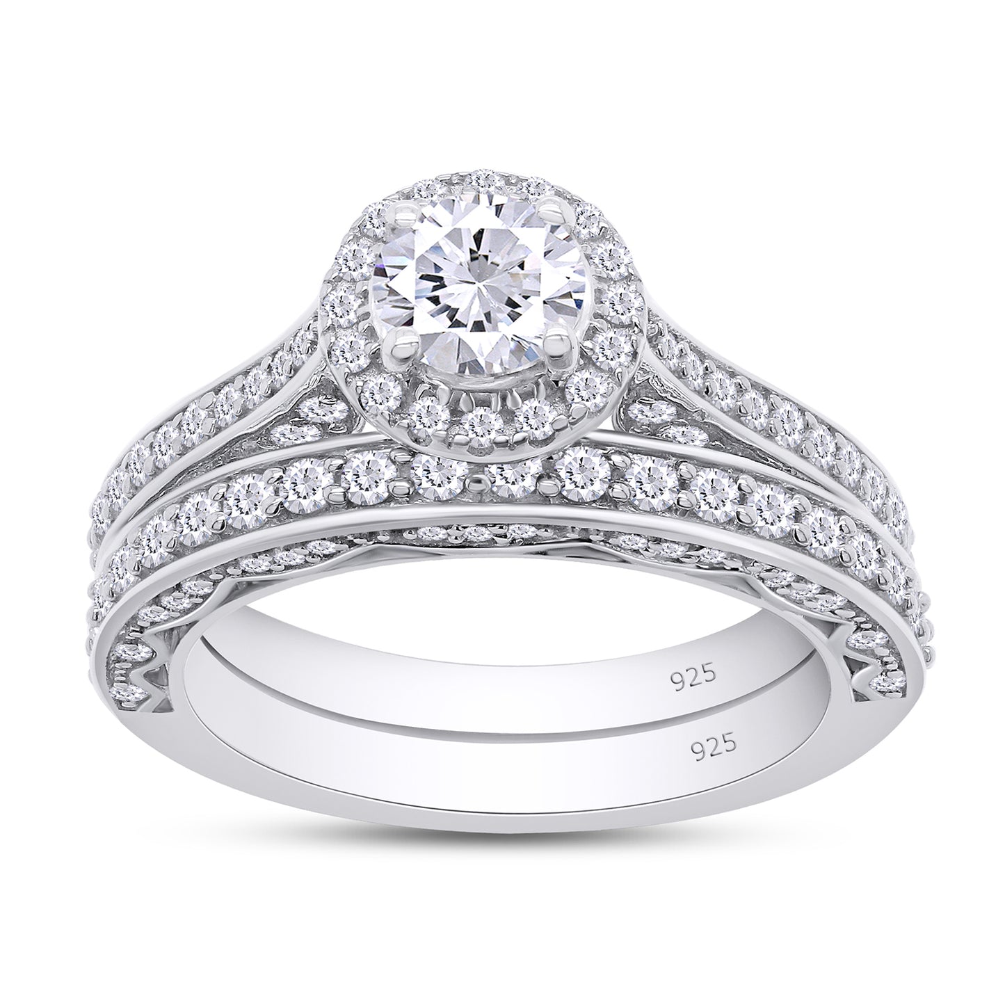 1.25 Carat 5MM Round Lab Created Moissanite Diamond Halo Vintage Bridal Set Rings In 925 Sterling Silver