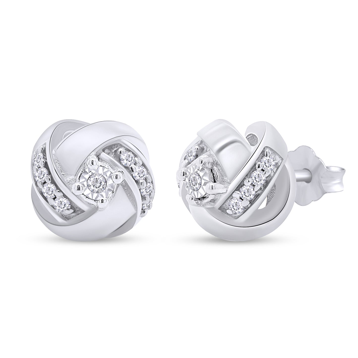 1/8 Carat Round Cut White Natural Diamond Love Knot Stud Earrings In 925 Sterling Silver