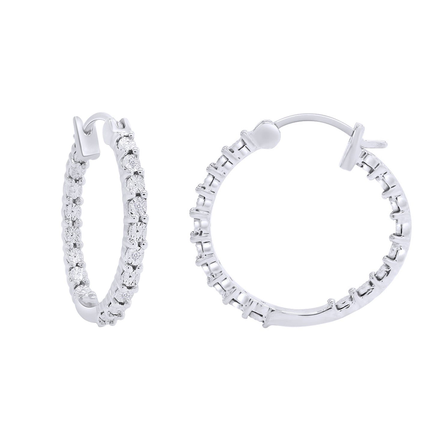 Round Cut White Natural Diamond Accent Miracle Set Inside Outside Huggies Hoop Earrings For Women In 925 Sterling Silver