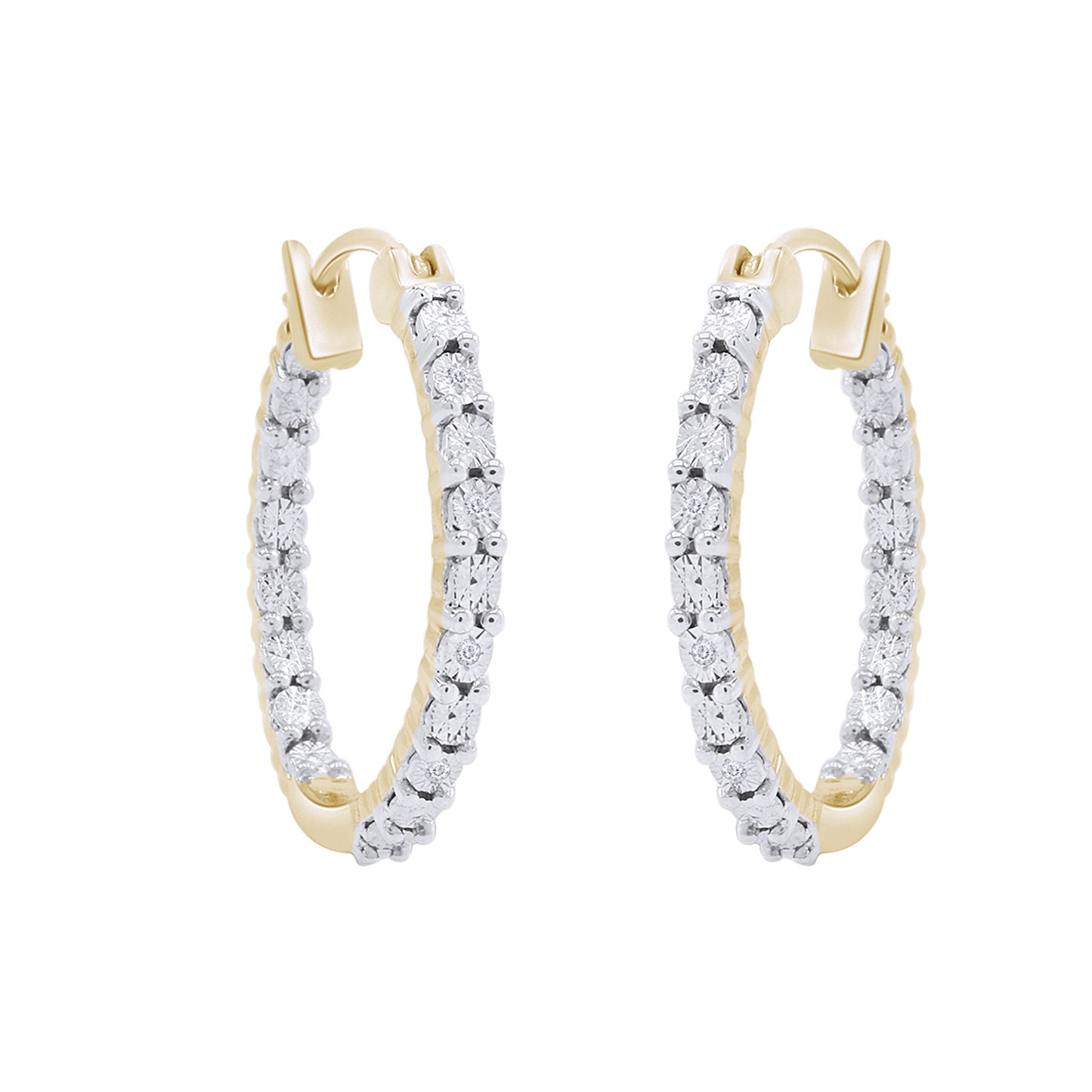 Round Cut White Natural Diamond Accent Miracle Set Inside Outside Huggies Hoop Earrings For Women In 925 Sterling Silver