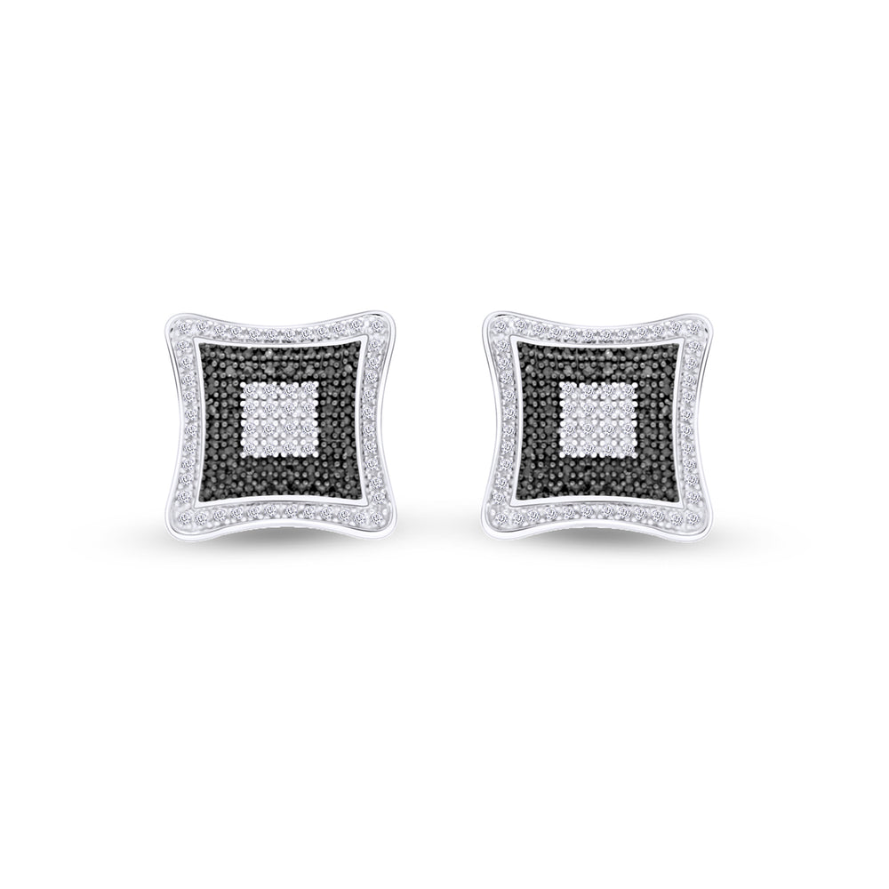 Round Shape Enhanced Black & White Natural Diamond Square Stud Earrings In 14K Gold Over Sterling Silver( 0.65 Cttw)