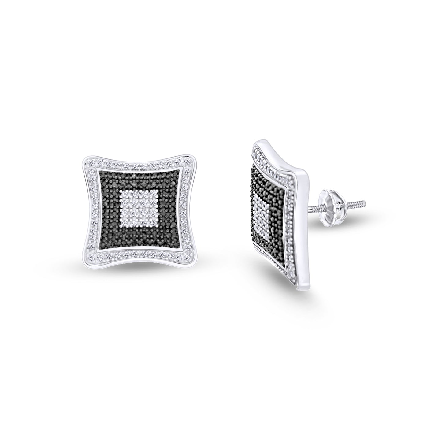 Round Shape Enhanced Black & White Natural Diamond Square Stud Earrings In 14K Gold Over Sterling Silver( 0.65 Cttw)