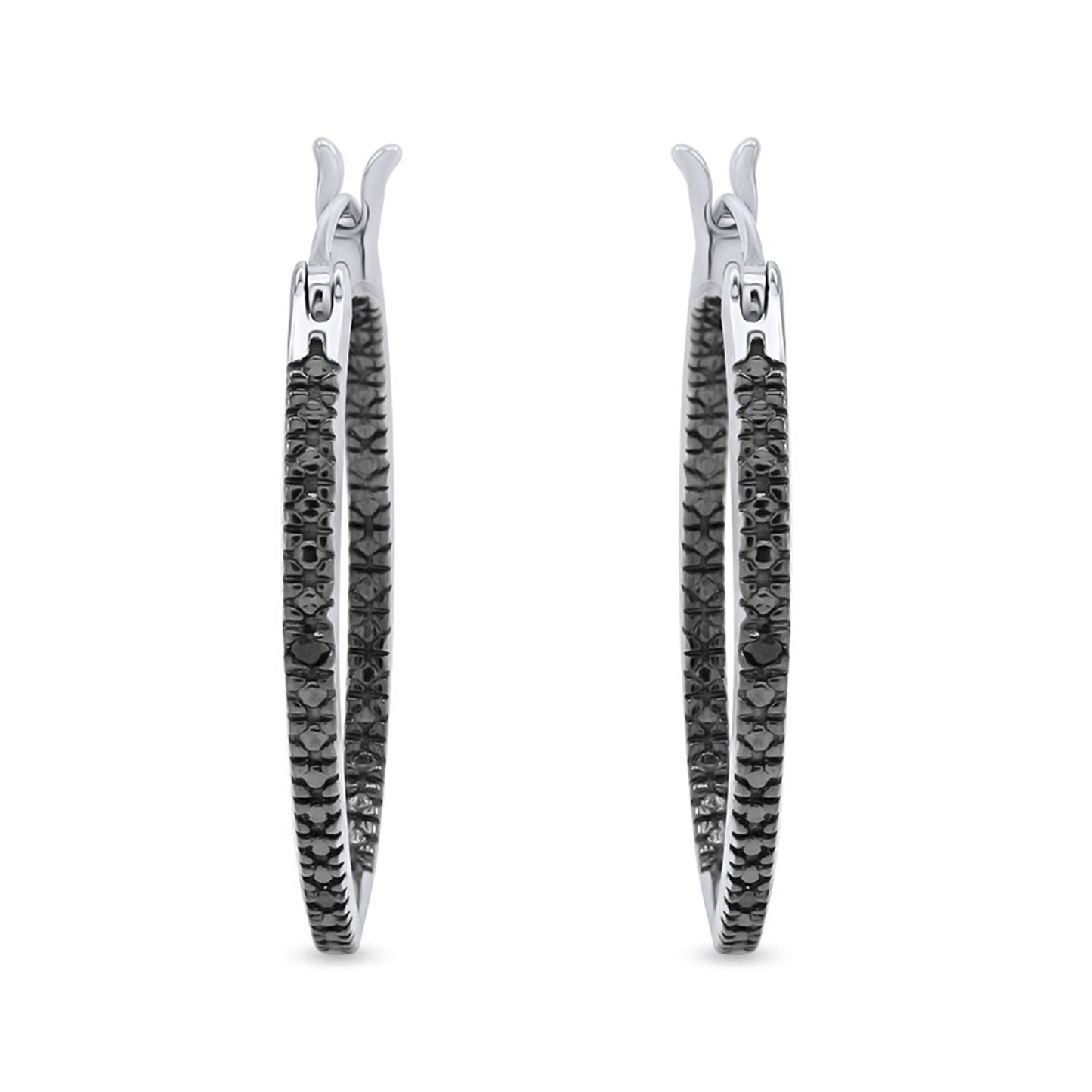 Round Cut Black Natural Diamond Accent Hoop Earrings For Women In 925 Sterling Silver